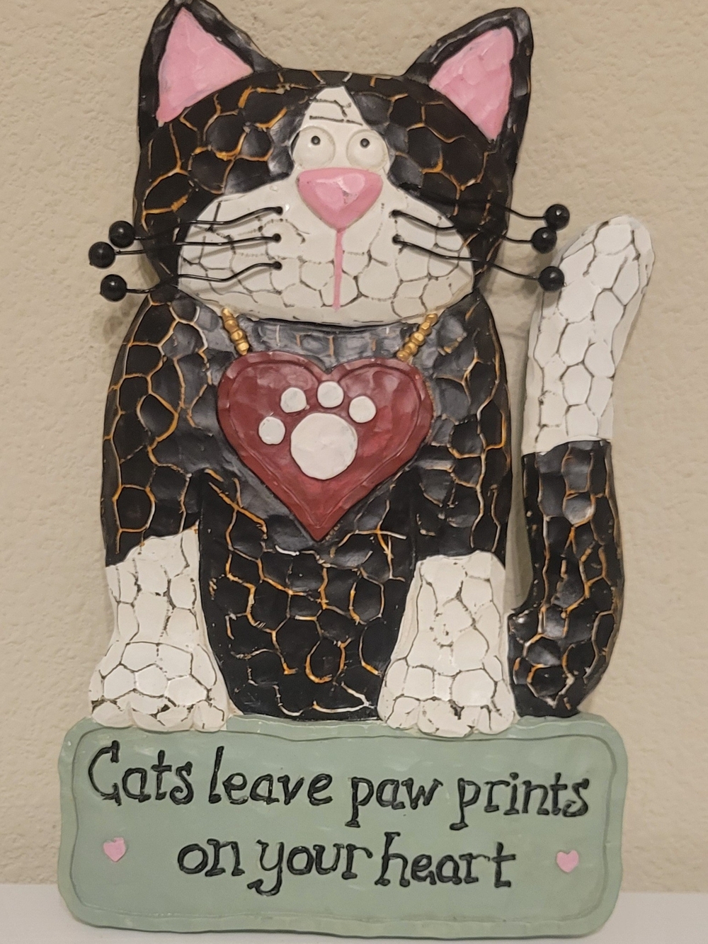 GANZ Black & White Cat Wall Plaque with Pink Accents and Red Heart